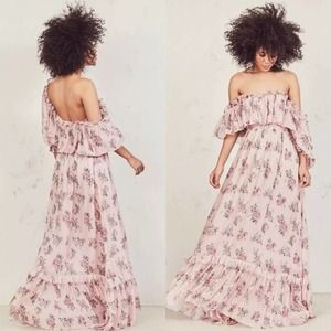 LoveShackFancy Pink Floral Silk Ruffle Off the Shoulder Tara Maxi Dress Sz Small
